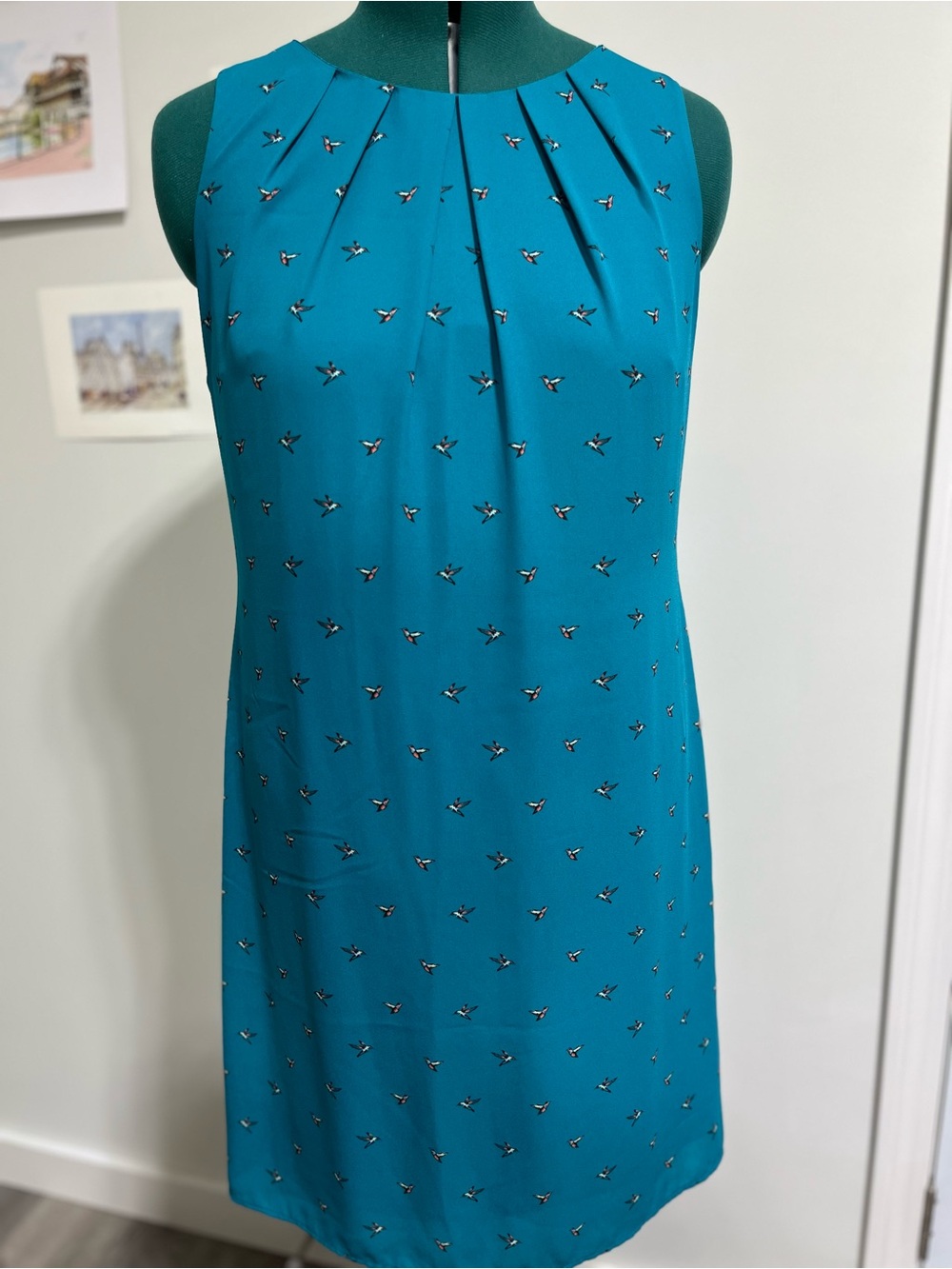 Worthington Teal Sleeveless Shift Dress with Mini Bird Motif